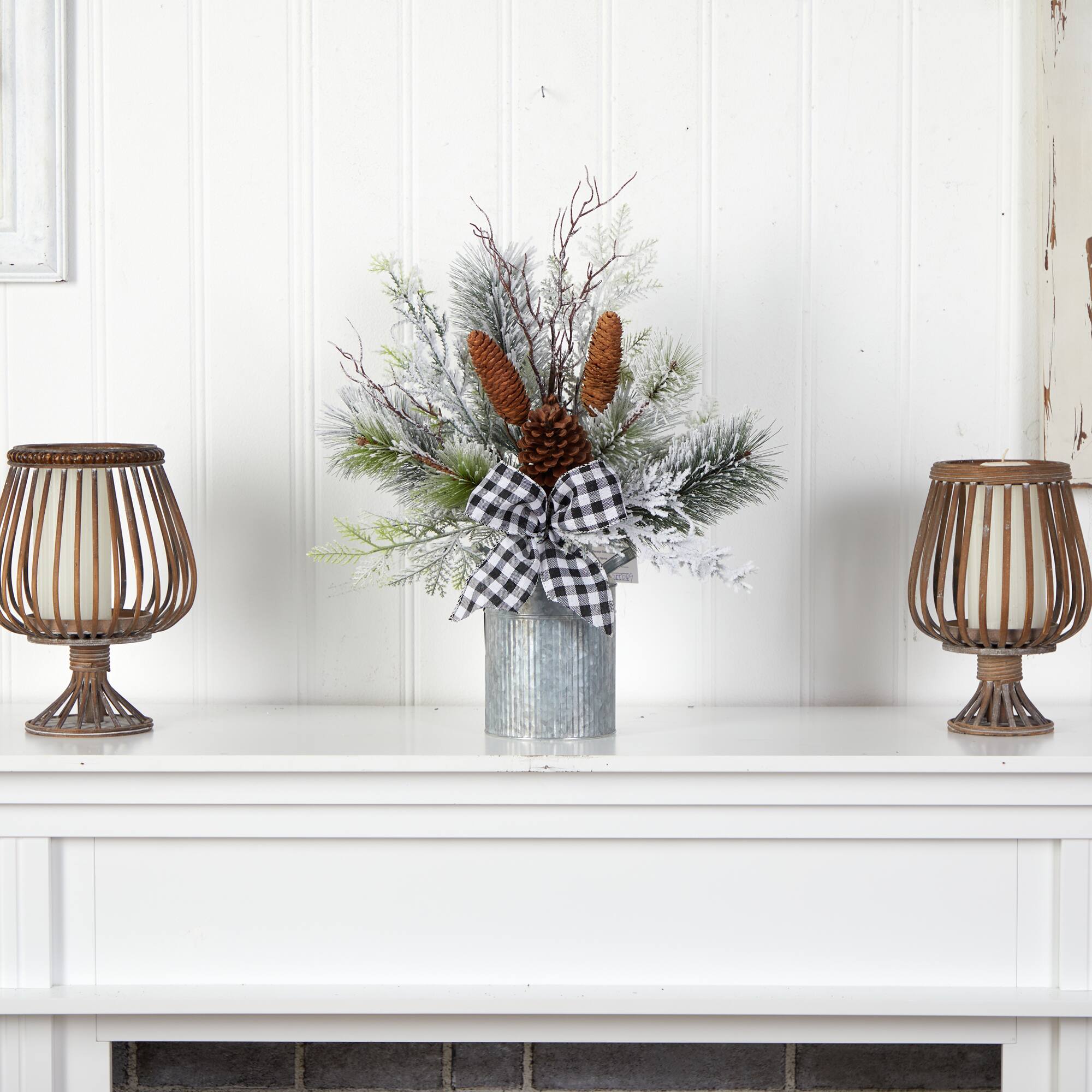 20" Winter Greenery, Pinecones & Gingham Plaid Bow Arrangement